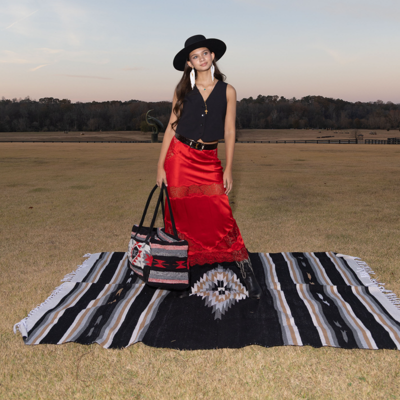 Byron Bay Boho Weekender Bag Aztec-Weekender Bags-Good Tidings Style with woman in field holding by her side