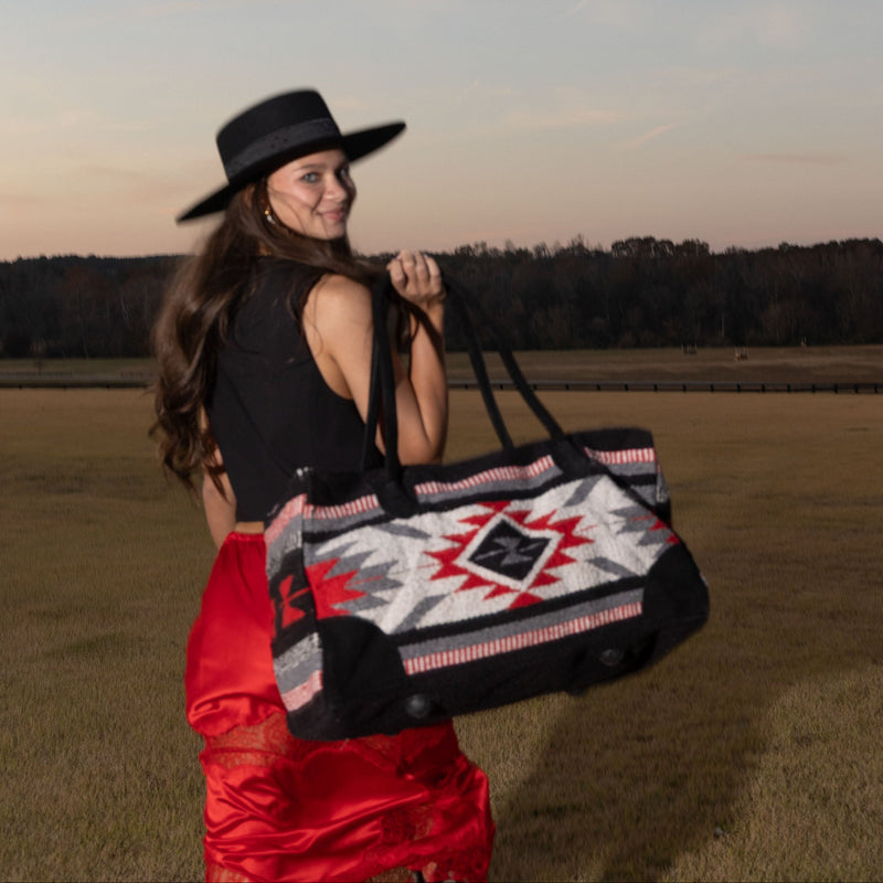 Byron Bay Boho Weekender Bag Aztec-Weekender Bags-Good Tidings Style with woman in field holding by her side