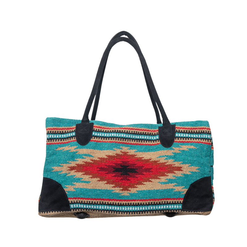 Byron Bay Boho Weekender Bag Navajo, Turquoise with Red and Beige Details, Large on white background