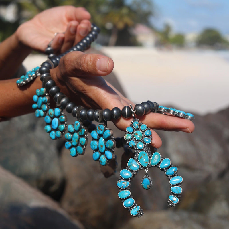 Museum quality turquoise Mountain Turquoise Squash Blossom Necklace-Necklace-Good Tidings