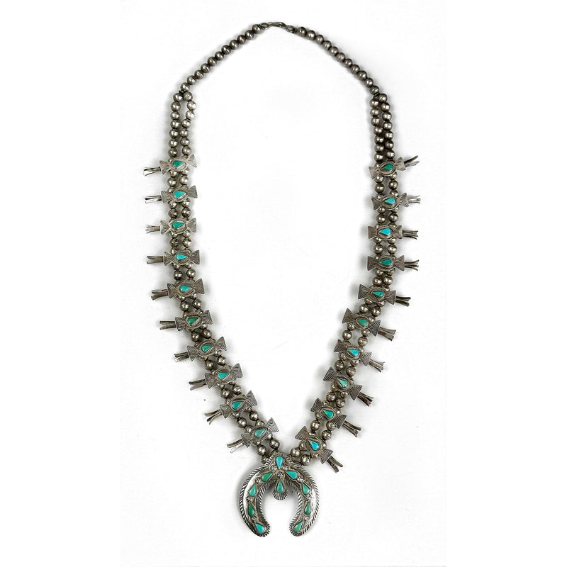 Lot 627: Navajo Sterling & Turquoise Squash Blossom Necklace & Earrings  Marked LY, 2 items | Case Auctions