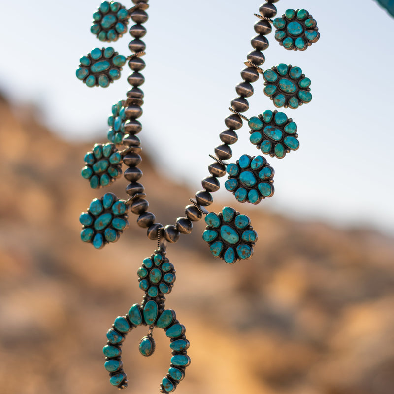 Vintage Navajo Sterling Silver Squash Blossom Necklace – Andy Cadman, Turquoise Mountain-Necklace-Good Tidings