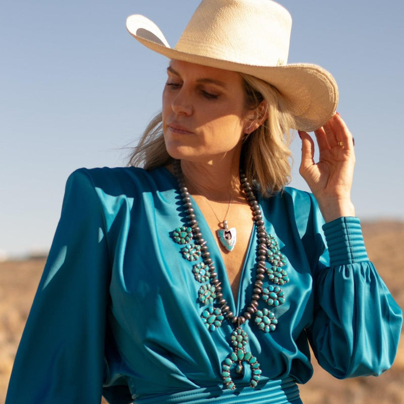 Vintage Navajo Sterling Silver Squash Blossom Necklace – Andy Cadman, Turquoise Mountain-Necklace-Good Tidings Style On Body