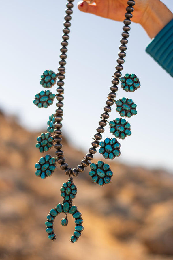 Vintage Navajo Sterling Silver Squash Blossom Necklace – Andy Cadman, Turquoise Mountain-Necklace-Good Tidings