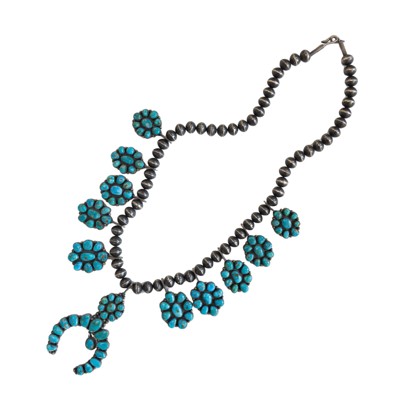 Vintage Navajo Sterling Silver Squash Blossom Necklace Andy Cadman Turquoise Mountain Necklace on white background