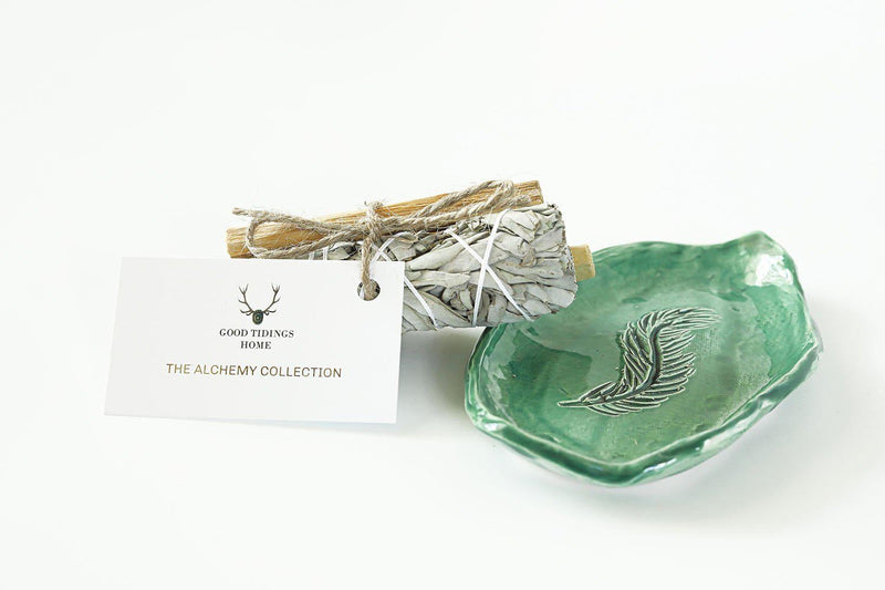 Ceramic Feather Tray with Sage & Palo Santo - Turquoise - Good Tidings