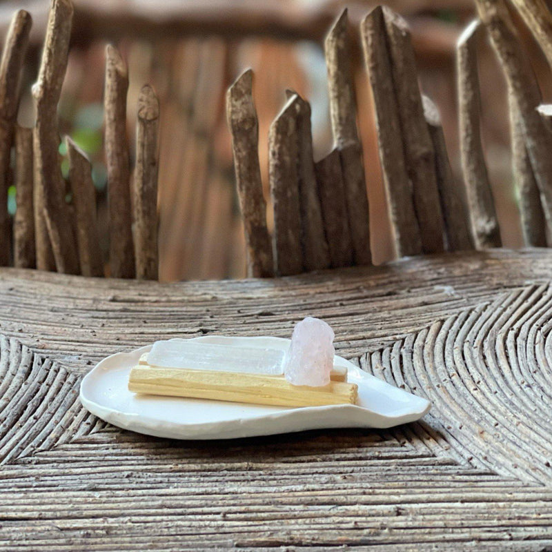 Ceramic Tray with Palo Santo, Selenite & Rose Quartz - White-Good Tidings