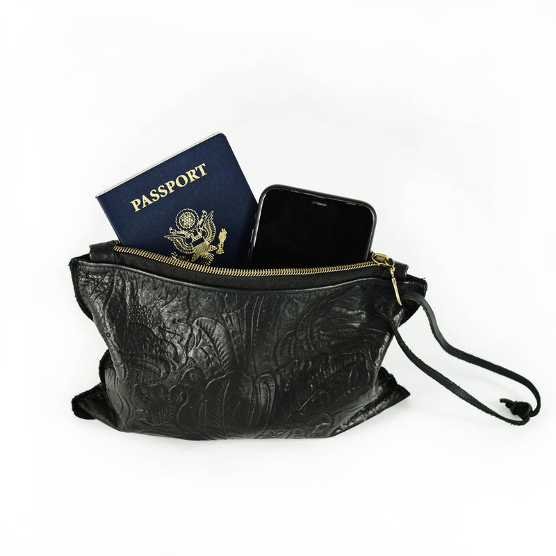 One World Traveler Clutch in embossed black leather-Weekender Bags-Good Tidings