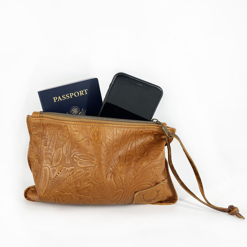 One World Traveler Clutch in embossed tan leather-Weekender Bags-Good Tidings