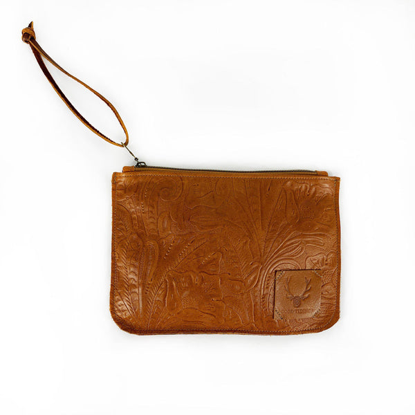 One World Traveler Clutch in embossed tan leather-Weekender Bags-Good Tidings